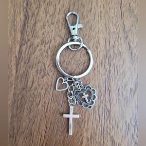 New Silver Tone Cross and Heart Keychain